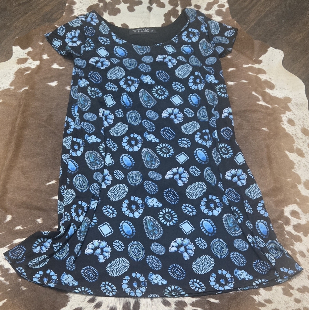 Lucky & Blessed Blue and Black Patterned Dress